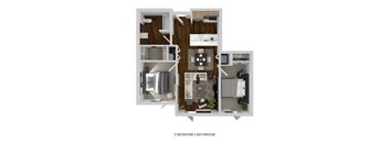 A 2 bedroom 1 bathroom apartment is displayed.