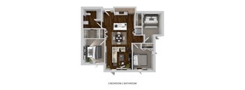 A 3 bedroom apartment layout with a bathroom.