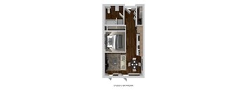 A floor plan of a studio bathroom with a toilet, sink, and bathtub.