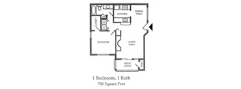 A black and white image of a floor plan for a 700 square foot home with one bedroom and one bath.