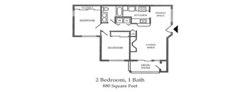 A black and white image of a floor plan for a 2 bedroom, 1 bath house.
