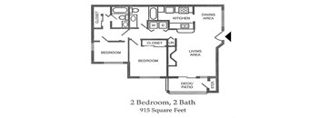 A black and white image of a floor plan for a 2 bedroom, 2 bath house.