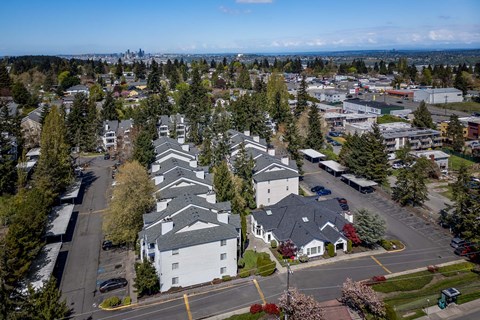 A suburban area with a mix of residential and commercial buildings.