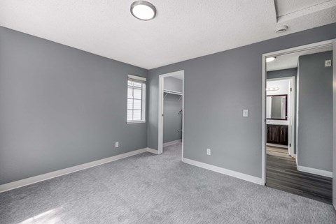 A room with grey walls and a carpeted floor.