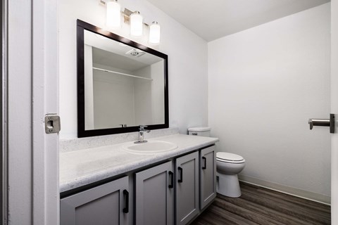 A bathroom with a toilet, sink, and mirror.