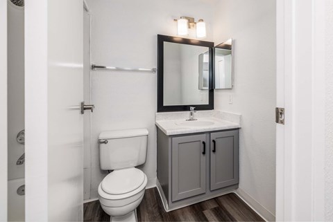 A white toilet sits next to a sink in a bathroom.