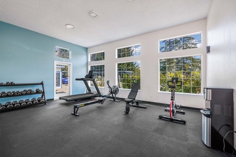 A gym with a row of dumbbells on the left and a row of exercise equipment in the middle.