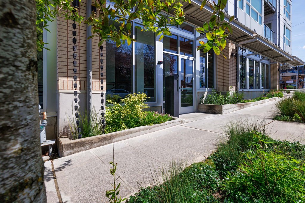 A modern building with a tree in the foreground.
