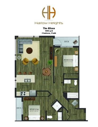 A floor plan of a two bedroom, two bath apartment at Harlow Heights.