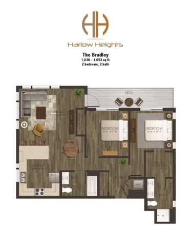 A floor plan of a property named Harlow Heights, The Bradley, with a total area of 1,036 - 1,053 sq ft, including two bedrooms and two baths.