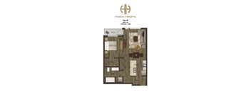 A floor plan of a one bedroom, one bath apartment at Harlow Heights.