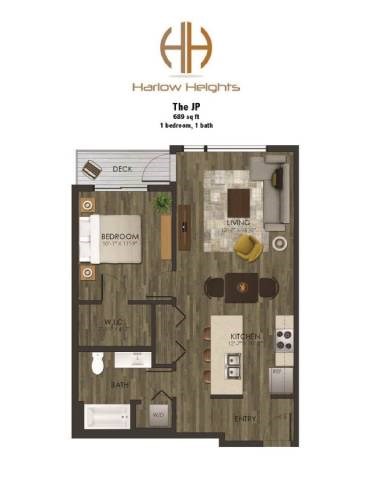 A floor plan of a one bedroom, one bath apartment at Harlow Heights.