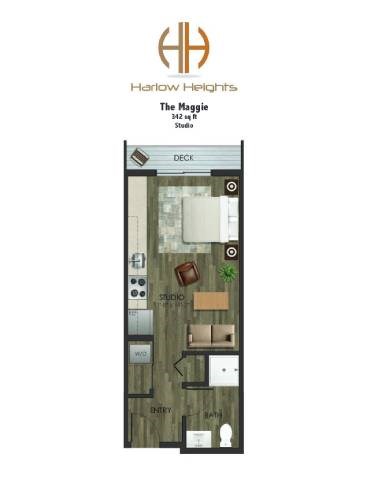 A floor plan of a studio apartment at Harlow Heights.