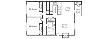 A floor plan of a house with two bedrooms, a living room, a kitchen, a bathroom, a dining room, and a patio/deck.