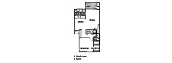 A floor plan of a small apartment with one bedroom and one bathroom.