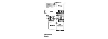 A floor plan of a two bedroom apartment with one bathroom.