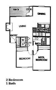 A floor plan of a two bedroom apartment with one bathroom.
