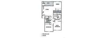 A floor plan of a two bedroom apartment with a living room, kitchen, and two bathrooms.