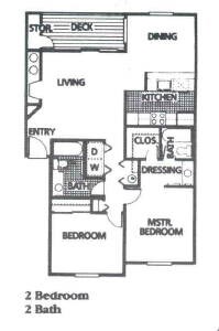 A floor plan of a two bedroom apartment with a living room, kitchen, and two bathrooms.