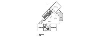 A floor plan of a 3 bedroom home with 2 bathrooms.