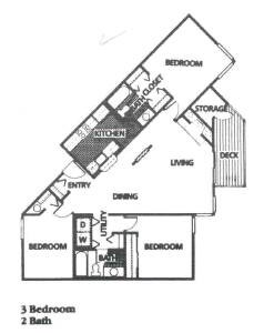 A floor plan of a 3 bedroom home with 2 bathrooms.