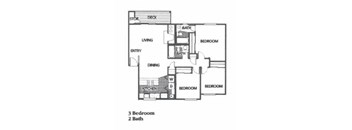 A floor plan of a house with 3 bedrooms and 2 bathrooms.