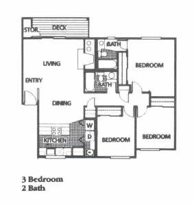 A floor plan of a house with 3 bedrooms and 2 bathrooms.