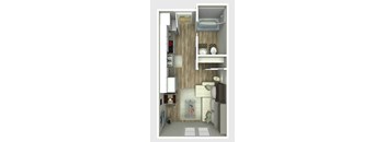 A small apartment with a bedroom and a bathroom.
