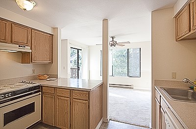 A kitchen with wooden cabinets and a stove top oven.