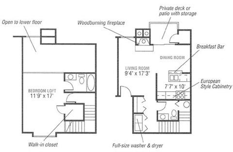 A floor plan of a small apartment with a bedroom loft and a living area.