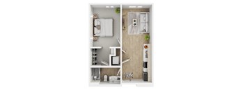 A top-down view of a modern, minimalist bedroom and bathroom.