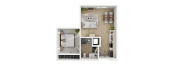 A top-down view of a small apartment with a bedroom, living room, and kitchen area.