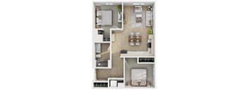 A floor plan of a small apartment with a kitchen, living room, and two bedrooms.