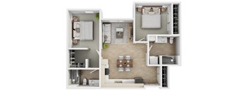 A 3D floor plan of a small apartment with a kitchen, living room, and bedroom.
