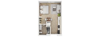 A top-down view of a small apartment with a bed, desk, and kitchenette.