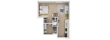 A top-down view of a small apartment with a kitchen, living room, and bedroom.