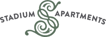 The image shows a logo for Stadium Apartments with a stylized snake in green color.