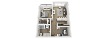 A 3D rendered image of a small apartment layout.