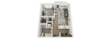 A 3D floor plan of a small apartment with a kitchen, living room, and bathroom.