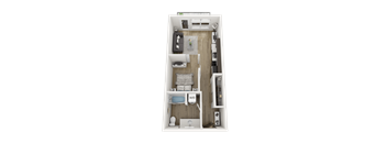 A top-down view of a small, neatly organized apartment with a bed, desk, and kitchenette.