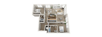 A 3D floor plan of a house with two bedrooms, a living room, a kitchen, and a bathroom.