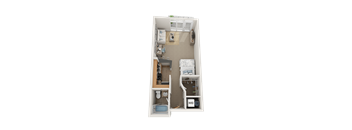 A 3D rendered image of a small apartment layout.