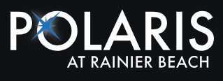 A black sign with white text that says Polaris at Rainier Beach.