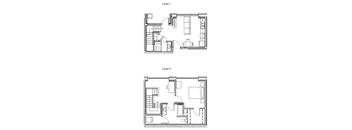 Two black and white images of a floor plan for a two level home.