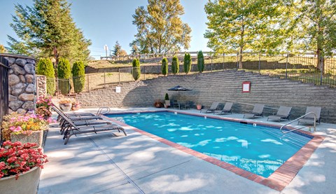 A pool surrounded by a stone wall and trees.