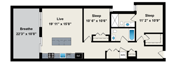 A floor plan of a house with a living room, two bedrooms, a bathroom, and a kitchen.