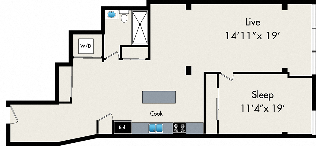 One-Bedroom Loft Floor Plan at 131 N Green St Chicago, IL 60607
