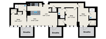 A floor plan of a house with three bedrooms, a living room, a dining room, and a kitchen.