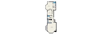 A floor plan of an apartment with a living room, two bedrooms, a bathroom, and a kitchen.