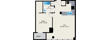 A floor plan shows a bedroom with a sleep area, a bathroom, and a living area.